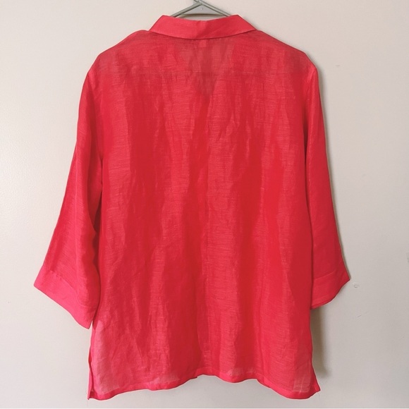 Chico’s Silk Linen Button Down Shirt Large 12 Pink Red Quiet Luxury Coastal Chic - Picture 7 of 9